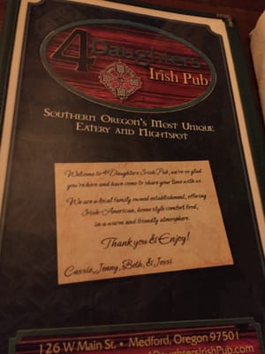 Menu photo 1 4 Daughters Irish Pub Medford, OR Menu photo 1 4 Daughters Irish Pub Medford, OR