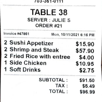 Akasaka Sushi and Steak - Receipt - Japanese Near Me - Manassas, Virginia Akasaka Sushi and Steak - Receipt - Japanese Near Me - Manassas, Virginia