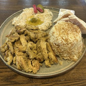 Dvine Mediterranean Experience - Brea - Chicken shawarma with rice, baba ghanoush, pita bread, and garlic sauce - Mediterranean Near Me - Brea, California