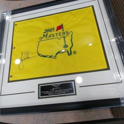 Super Frame & Art + Neon - Autographed Master's flag by Tiger Woods.