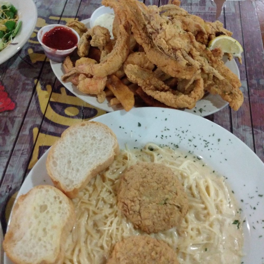 Zydeco's - Crab cake pasta and seafood platter. - Cajun/Creole Near Me - Belle Chasse, Louisiana Zydeco's - Crab cake pasta and seafood platter. - Cajun/Creole Near Me - Belle Chasse, Louisiana