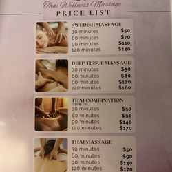 Thai Wellness Massage - Pricing as of August 2025. Special discount pricing for 1st Year Anniversary not listed.