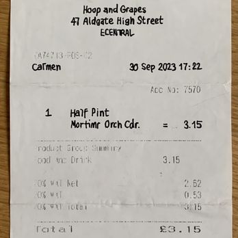 The Hoop and Grapes - Hoop + Grapes receipt - wrong drink in a used glass! - Pubs Near Me - London, XGL The Hoop and Grapes - Hoop + Grapes receipt - wrong drink in a used glass! - Pubs Near Me - London, XGL