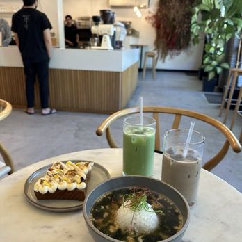Scorpio Coffee - Strawberry miso toast, Ochazuke (can only order this if you're dining in), Bouquet Matcha Latte, Hojicja Latte - Coffee & Tea Near Me - Sacramento, California