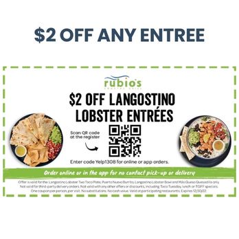 Rubio's Coastal Grill - $2 off Langostino Lobster Entree with Yelp check-in :) - Mexican Near Me - Costa Mesa, California Rubio's Coastal Grill - $2 off Langostino Lobster Entree with Yelp check-in :) - Mexican Near Me - Costa Mesa, California