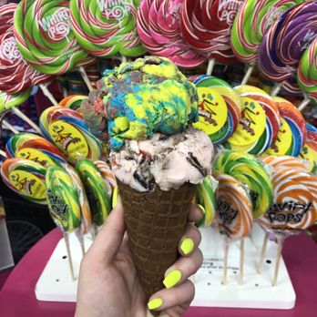 Sweet Spot - Superman and amaretto cherry in chocolate cone. - Ice Cream & Frozen Yogurt Near Me - Mackinaw City, Michigan