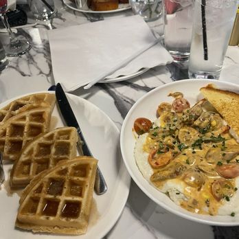 Breakfast At Barneys - Shrimp and grits with a side of waffle - Breakfast & Brunch Near Me - Atlanta, Georgia Breakfast At Barneys - Shrimp and grits with a side of waffle - Breakfast & Brunch Near Me - Atlanta, Georgia