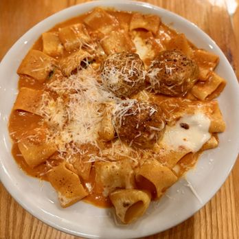 Flourshop - Baked Vodka Rigatoni with San Marzano tomatoes, meatballs, and local mozzarella from Siano - New American Near Me - Charlotte, North Carolina