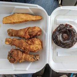 Fried chicken, potato wedge, donut