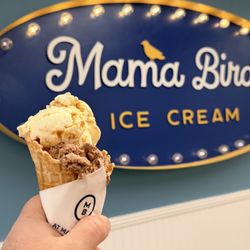 Waffle cone with hey honey and brownie batter ice cream