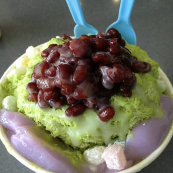 Salju Dessert - Green tea and taro shave ice w mochi, redbean , n taro pudding w condense milk - Desserts Near Me - Alhambra, California Salju Dessert - Green tea and taro shave ice w mochi, redbean , n taro pudding w condense milk - Desserts Near Me - Alhambra, California
