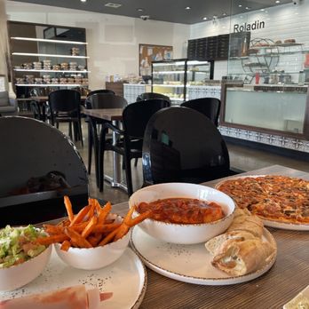 Roladin Restaurant - Moroccan Salmon $21 and Roasted Garlic Mushroom Pizza $23 - Mediterranean Near Me - Reseda, California