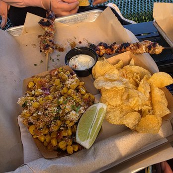 Brass Bear Brewing & Bistro - Chicken Skewer Plate with sweet corn and chips - Brewpubs Near Me - Santa Barbara, California
