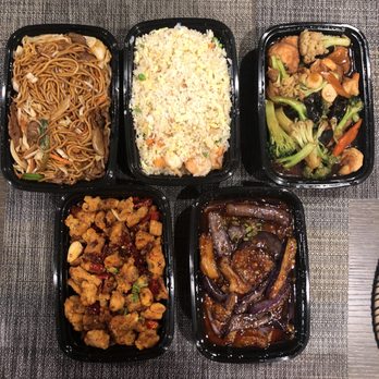 Sichuan City Chinese Restaurant - Top to bottom: Beef Chow Mein, Shrimp Fried Rice, Jade Tofu with Shrimp, Chongqing Style Hot Chicken, and Eggplant in Hot Garlic Sauce - Szechuan Near Me - Happy Valley, Oregon