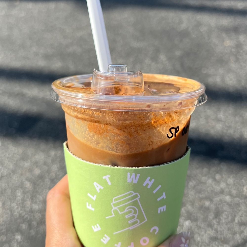 Flat White Coffee - Iced Spanish Latte with Oatmilk - Cafes Near Me - Cypress, California