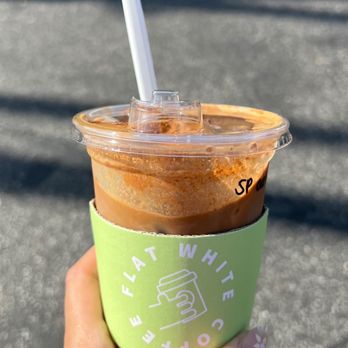 Flat White Coffee - Iced Spanish Latte with Oatmilk - Cafes Near Me - Cypress, California