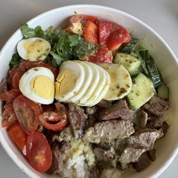 Evergreens - a bowl of food with meat, vegetables, and eggs - Salad Near Me - Portland, Oregon