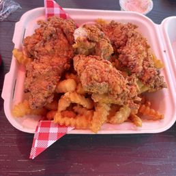Chicken strips and fries. I ate four meals off this!