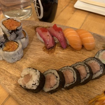 Kawa Ramen & Sushi - Up close of spicy tun, yellow tail sushi, salmon sushi, and wasabi toro roll - Sushi Bars Near Me - Milwaukee, Wisconsin Kawa Ramen & Sushi - Up close of spicy tun, yellow tail sushi, salmon sushi, and wasabi toro roll - Sushi Bars Near Me - Milwaukee, Wisconsin