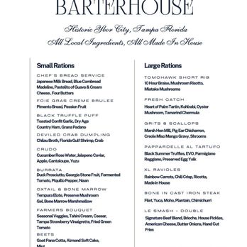 The Barterhouse Ybor - Get the XL Ravioles! You won't regret it! Menu Summer 2024 - New American Near Me - Tampa, Florida