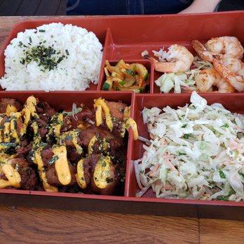 Aloha Mixed Plate - Bento Box. Mochiko chicken was crispy on the outside and tender inside - Hawaiian Near Me - Lahaina, Hawaii