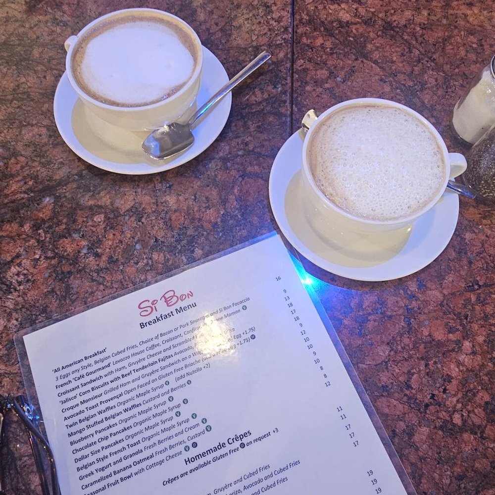 Si Bon - Cafe latte with soymilk and a Mocha. - Belgian Near Me - Rancho Mirage, California Si Bon - Cafe latte with soymilk and a Mocha. - Belgian Near Me - Rancho Mirage, California