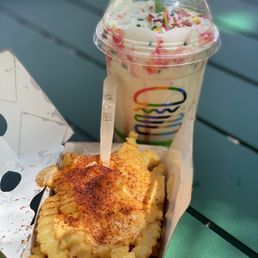 BBQ Cheese Fries and Strawberry Frosted Donut Shake BBQ Cheese Fries and Strawberry Frosted Donut Shake
