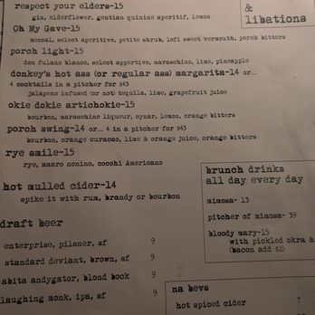 The Front Porch - Cocktails Libations menu. Wed dinner 2025-02-19 - Southern Near Me - San Francisco, California The Front Porch - Cocktails Libations menu. Wed dinner 2025-02-19 - Southern Near Me - San Francisco, California