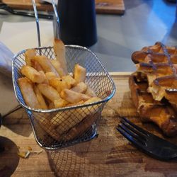 291 brewhouse - Cold fries, I took the chicken out cause it was good, but the waffles were burnt enough to leave a nasty aftertaste.