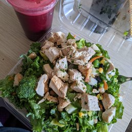 Build your own salad & medium juice - $8 for salad + $3 for chicken, $6.50 for create your own juice (4 veggies) Build your own salad & medium juice - $8 for salad + $3 for chicken, $6.50 for create your own juice (4 veggies)