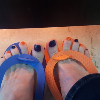 Montrose Nails - Blue and Orange Toes and slip ons!!!!  Go Astro-toes! - Nail Salons Near Me - Houston, Texas