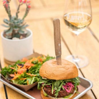 Jeffry's Wine Country BBQ - Plant Based Burger with Arugula, Pickled Onions, Avocado, and Horseradish Aioli - Wine Bars Near Me - Paso Robles, California Jeffry's Wine Country BBQ - Plant Based Burger with Arugula, Pickled Onions, Avocado, and Horseradish Aioli - Wine Bars Near Me - Paso Robles, California