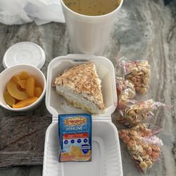 Rebecca's Family Restaurant & Ice Cream Parlor - Chicken Noodle Soup, Peaches, Coconut cream pie