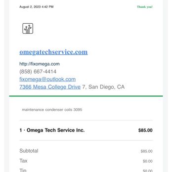 Omega Tech Service - Receipt - Appliances & Repair Near Me - San Diego, California