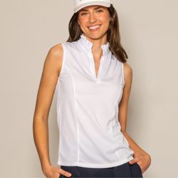 Ellie Day Activewear - Ruffle Collar V-Neck Sleeveless Women's Activewear Top made of UPF Recycled performance fabrics.  Flattering high armhole and long lean shap