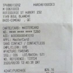 St-Hubert Express - 20 août 2020 / relevé de transaction $26.16