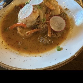 The Little Lamb - "Shrimp Toast" THE BEST grilled ciabatta, gulf shrimp, spicy sausage tomato butter broth! - Gastropubs Near Me - Clearwater, Florida