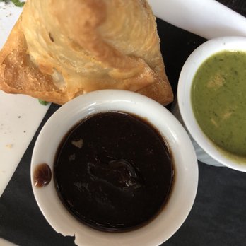 Blue India - Punjabi Samosas with delish sauces. Tamarind and spicy cilantro. - Indian Near Me - Atlanta, Georgia