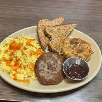 Snooze, an A.M. Eatery - Breakfast Sampler: Scrambled eggs, sausage patties, hash and toast - Breakfast & Brunch Near Me - Lubbock, Texas