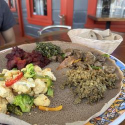 Combo: Serves Two Guests with Beef Tibs, Tofu Tibs, Brown Lentils, Beets and Potato, and Collared Greens and Spinach
