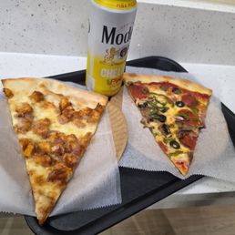 BBQ chicken, supreme, and a Pina con Chile Modelo BBQ chicken, supreme, and a Pina con Chile Modelo