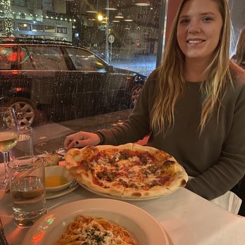 Cafe Lago - Fettuccine with vodka sauce and pizza with salami and sausage - Italian Near Me - Seattle, Washington
