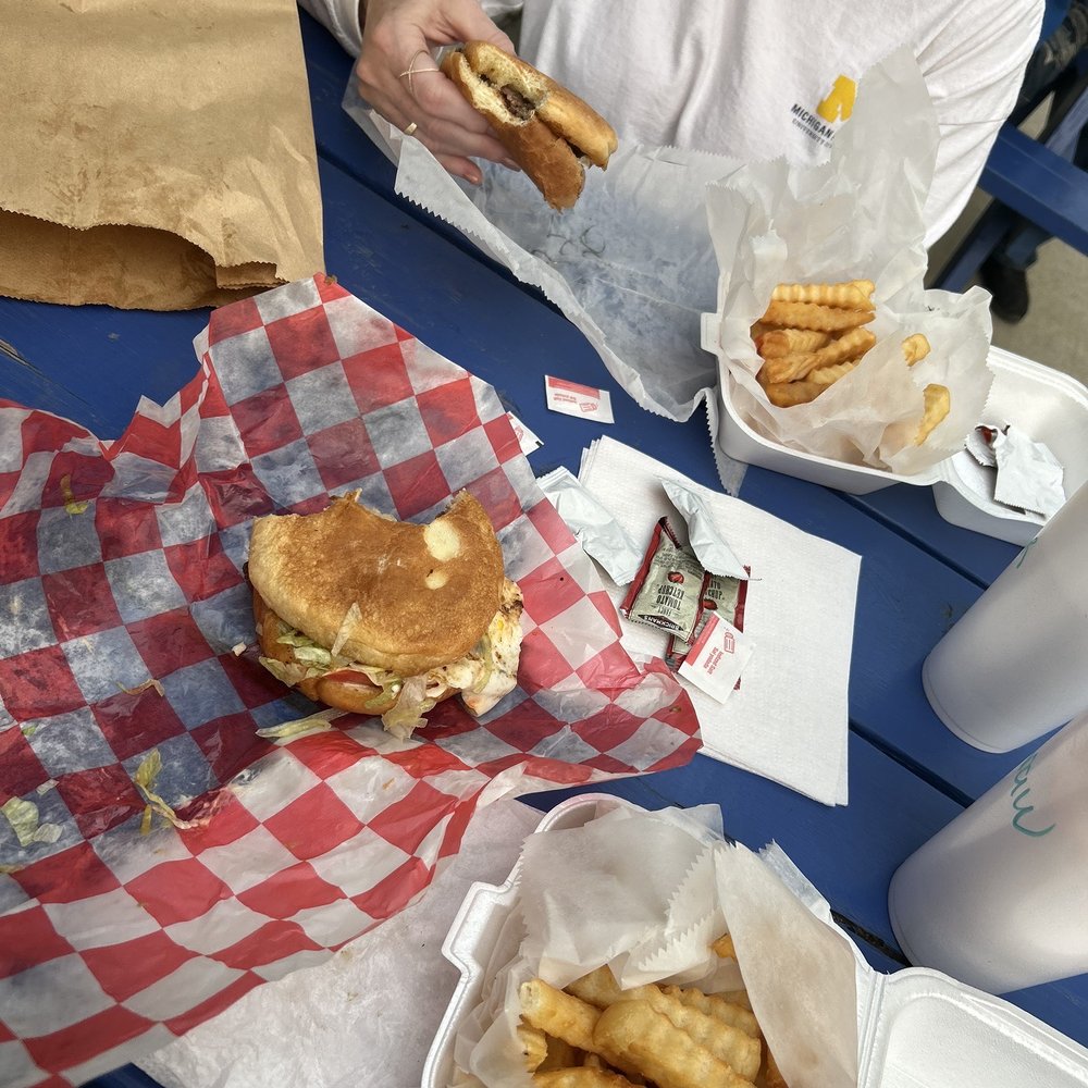 Egg burger fries strawberry milk shake and regular burger with fries and a dr.pepper Egg burger fries strawberry milk shake and regular burger with fries and a dr.pepper