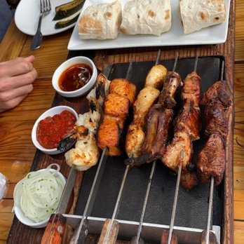 The Stage - Six Skewers with beef, chicken, shrimp, lamb chops, salmon pork loin. Yum! - Mediterranean Near Me - Burbank, California The Stage - Six Skewers with beef, chicken, shrimp, lamb chops, salmon pork loin. Yum! - Mediterranean Near Me - Burbank, California