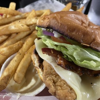River View Grill & Bar - Bacon and Swiss cheese fries chicken sandwich - Bars Near Me - Three Rivers, California River View Grill & Bar - Bacon and Swiss cheese fries chicken sandwich - Bars Near Me - Three Rivers, California