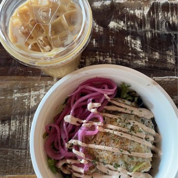 Moab Garage Co. - Quinoa bowl (no avocado) and a iced vanilla oat milk latte - Coffee & Tea Near Me - Moab, Utah Moab Garage Co. - Quinoa bowl (no avocado) and a iced vanilla oat milk latte - Coffee & Tea Near Me - Moab, Utah