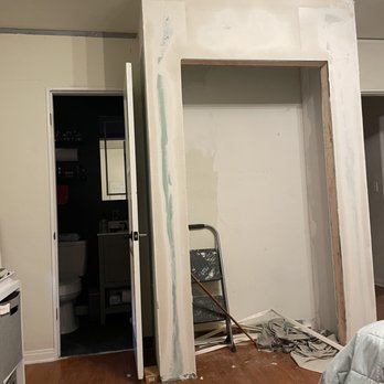 Vue's Handyman Services - Progress pic of closet plaster. Notice that Cheenou rehung the bathroom door! Much better! - Handyman Near Me Vue's Handyman Services - Progress pic of closet plaster. Notice that Cheenou rehung the bathroom door! Much better! - Handyman Near Me
