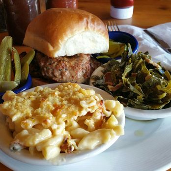 Cue Barbecue - Sausage sandwich with mac and collards. - Barbeque Near Me - Milton, Georgia Cue Barbecue - Sausage sandwich with mac and collards. - Barbeque Near Me - Milton, Georgia