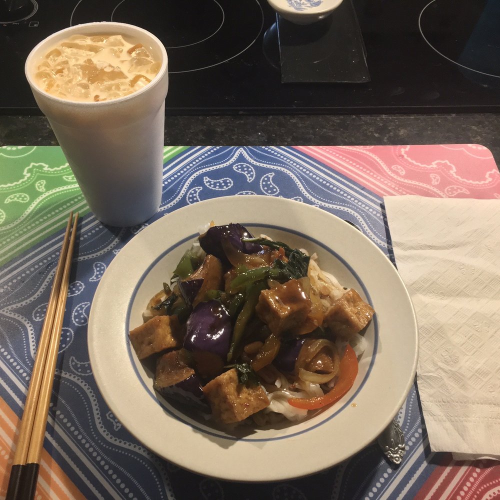 Eggplant Basil Tofu (takeout plated at home - the actual portion was almost twice this)