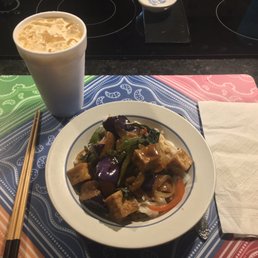 Eggplant Basil Tofu (takeout plated at home - the actual portion was almost twice this)
